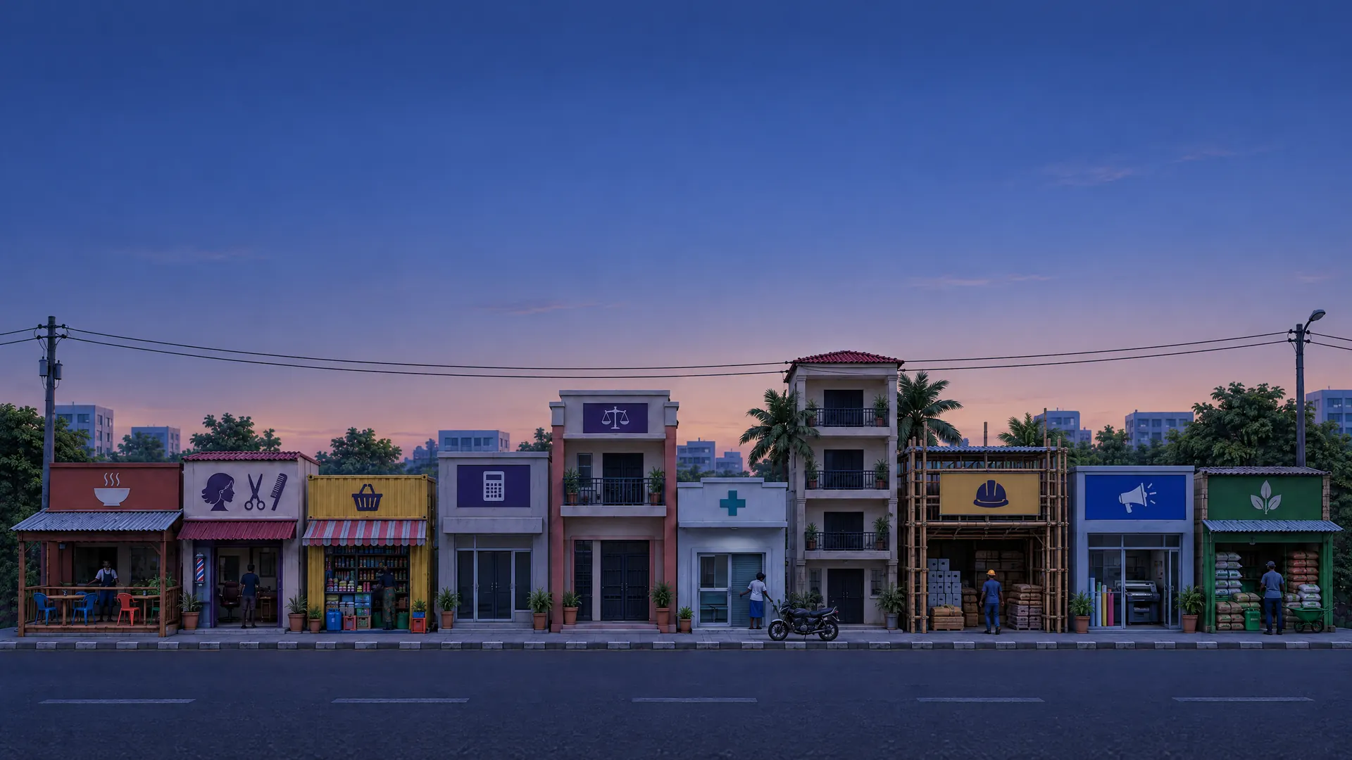 A street of small businesses in Accra at dusk, including a chop bar, salon, shop, law office, clinic, guesthouse and agro store.